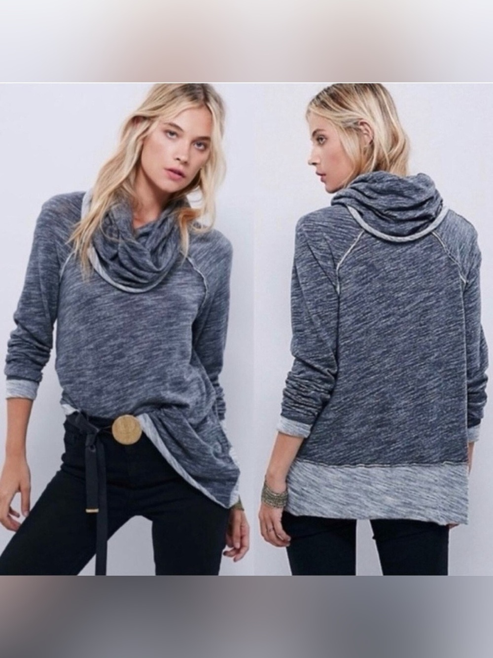 Free People Beach Cocoon Cowl Neck Pullover Two Body Blue Grey 100% cotton